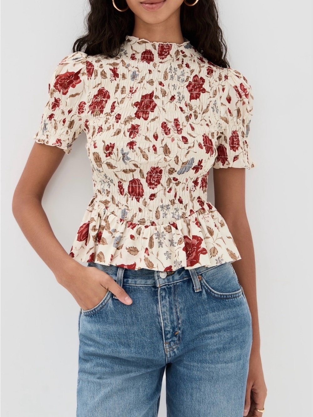 Reformation Aggie Puff-Sleeve Smocked Top Size S